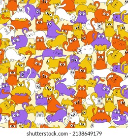 Seamless color pattern with cute cartoon cats. Vector illustration for backgrounds, textiles, decorative paper.