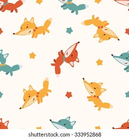 Seamless color pattern with cute cartoon fox and stars. Baby pattern