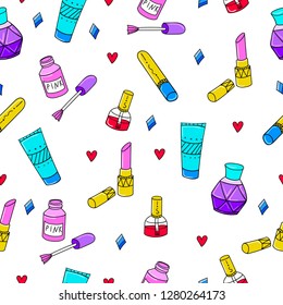 Seamless color pattern of decorative cosmetics. Glamour fashion vogue style
