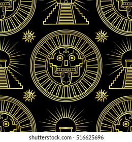 Seamless color pattern from decorative elements based on motives of art Native American Indian. Stylized skull. Pagan god of death. Mexican pyramid. Gold imitation.  Vector illustration.