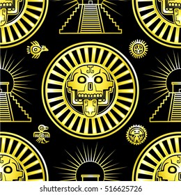 Seamless color pattern from decorative elements based on motives of art Native American Indian. Stylized skull. Pagan god of death. Mexican pyramid. Gold imitation. Vector illustration.