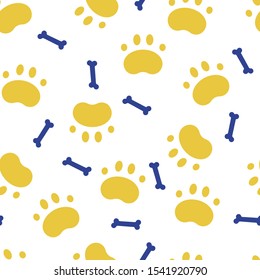 Seamless color pattern with dog paw print and bone. Vector illustration