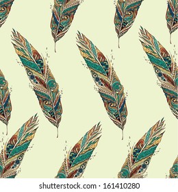 Seamless color pattern with feathers. Vector illustration