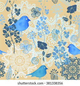 seamless color pattern with flower and blue watercolor bird