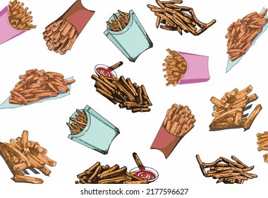 Seamless color pattern french fries, stylish food cover for fabric, postcards, wallpapers,graphical vector illustration. Fast food and menu background design