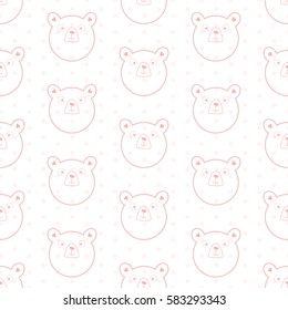 Seamless color pattern with funny bear heads and dots. Vector illustration