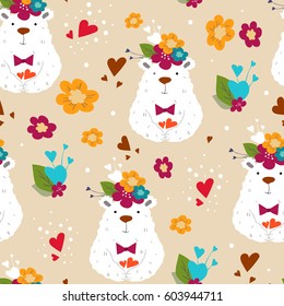 Seamless color pattern with funny bears and flowers. Vector illustration