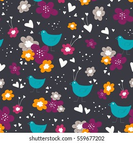 Seamless color pattern with funny birds surrounded by flowers and hearts