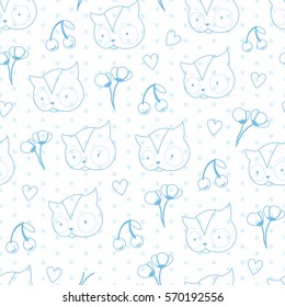 Seamless color pattern with funny cat heads, flowers, cherries, hearts and dots. Vector background