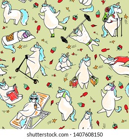 Seamless color pattern with funny and cute unicorns. 