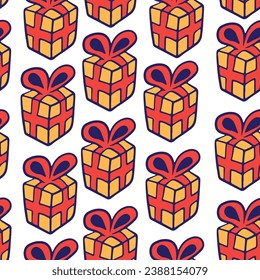 seamless color pattern with gift boxes with ribbons and bows in flat style. template for print, background, wallpaper, fabric, packaging, children's book, decoration.