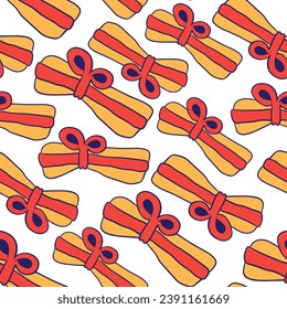 seamless color pattern with gift boxes with ribbons and bows in flat style. template for print, background, wallpaper, fabric, packaging, children's book, decoration.