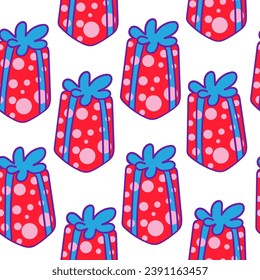 seamless color pattern with gift boxes with ribbons and bows in flat style. template for print, background, wallpaper, fabric, packaging, children's book, decoration.