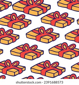 seamless color pattern with gift boxes with ribbons and bows in flat style. template for print, background, wallpaper, fabric, packaging, children's book, decoration.