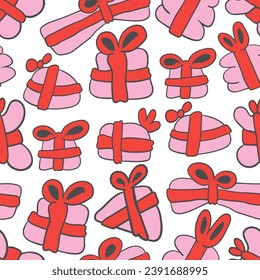 seamless color pattern with gift boxes with ribbons and bows in flat style. template for print, background, wallpaper, fabric, packaging, children's book, decoration.