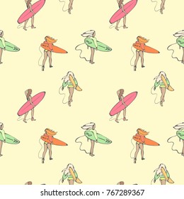 Seamless color pattern with girls with surf boards walking along the beach. Vector illustration in vintage style.