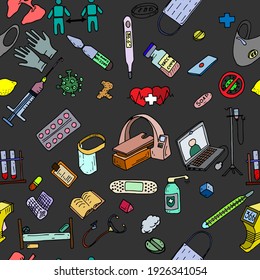 doodles a mano de patrón de color impecable sobre el tema de la medicina y la vacunación contra el coronavirus