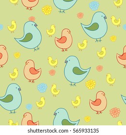 Seamless color pattern with hens and chicken in cartoon style. Perfect for wallpaper in nurcery, baby bag, surface textures.