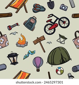 Seamless color pattern with hiking and camping items. Bright color illustration for gift paper, background and banner