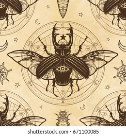 Seamless color pattern: horned bug,  larva, sacred geometry. Alchemical circle of transformations. A background - imitation of old paper. Vector illustration.