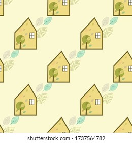Patrón de color sin fisuras con casa, árbol y follaje. Fondo decorativo con follaje. Impresión gráfica para tejidos, industria textil, papel de envoltura.