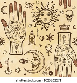 Seamless color pattern: human hands in tattoos, alchemical symbols. Esoteric, mysticism, occultism. A background - imitation of old paper, the book, parchment. Vector illustration.