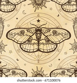 Seamless color pattern: image of a butterfly, larva, sacred geometry. Alchemical circle of transformations. A background - imitation of old paper. Vector illustration.