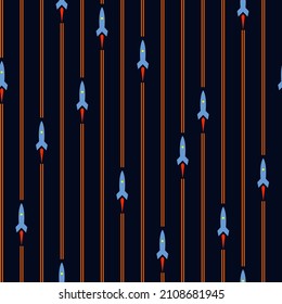 seamless color pattern with the image of vertically flying rockets for prints on fabrics, packaging, postcards and for interior design in space style