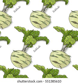 Seamless color pattern with kohlrabi.Vector illustration for your design