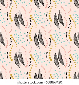 Seamless color pattern pattern with large black and white feathers on a pink background. Style engraving