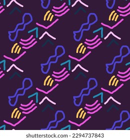 Seamless color pattern of linear doodle squiggles. The style of the 90s. Bright abstract design for background, banner, poster of various shapes. Vector illustration.
