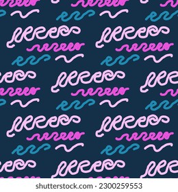 Seamless color pattern of linear doodle squiggles. The style of the 90s. Bright abstract design for background, banner, poster of various shapes. Vector illustration.
