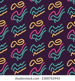 Seamless color pattern of linear doodle squiggles. The style of the 90s. Bright abstract design for background, banner, poster of various shapes. Vector illustration.