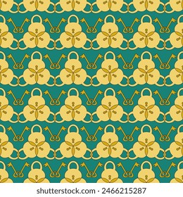 Seamless color pattern with locks and keys in yellow tones forming an ornament on a green background