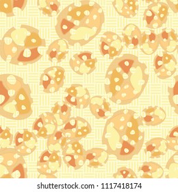 Seamless color pattern made up of multi-colored rounded elements with holes. The picture is superimposed on the background consisting of mutually perpendicular segments forming the chess order.