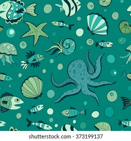 Seamless color pattern marine life and bubbles