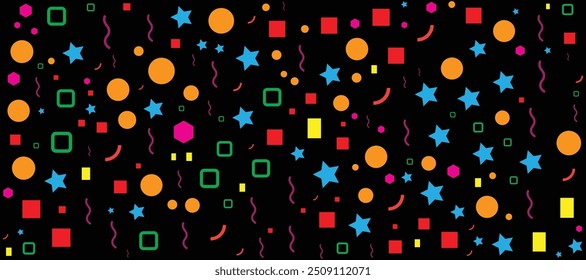 Seamless color pattern Memphis multicolor geometric abstract background. Memphis wallpaper on black background pattern characterized by colorfulness and intricate design.