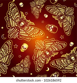  Seamless color pattern: moth Dead Head, skull, moon, stars. Gold imitation. Esoteric, mysticism, occultism. Vector illustration.