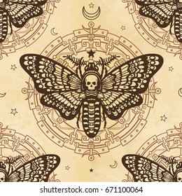Seamless color pattern: moth Dead Head, mystical circle. A background - imitation of old paper. Vector illustration.