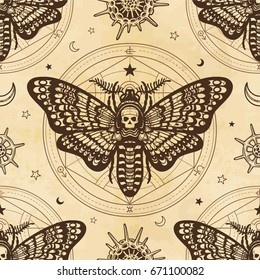 Seamless color pattern: moth Dead Head, sacred geometry. Alchemical circle of transformations. A background - imitation of old paper. Vector illustration.