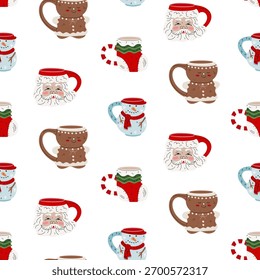 Seamless color pattern of mugs with various Christmas characters. Gingerbread man, Santa Claus, snowman, gift sack, cozy tableware for New Year. Seamless texture with festive theme textiles, packaging