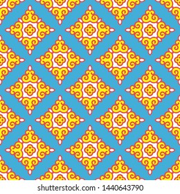 Seamless color pattern on blue background in Oriental style. Decorative ornament for printing on paper, fabrics, wallpaper, packaging. Texture for background design. Vector illustration.
