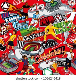 Seamless color pattern on a football theme on a red background. Football attributes, football players of different teams, balls, stadiums. The style of graffiti. Vector graphics