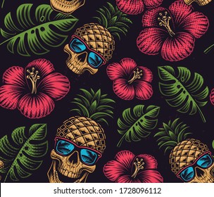 Seamless color pattern the Hawaiian theme and pineapple skull dark background