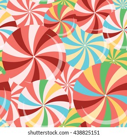 Seamless color pattern with round sweets. Lollipops collection. Colorful candy on twisted design. Sign of sweets made in cartoon style.