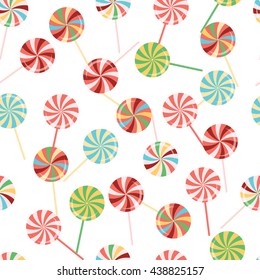 Seamless color pattern with round sweets. Lollipops set. Colorful candy on stick with twisted design. Sign of sweets made in cartoon style on the white background.