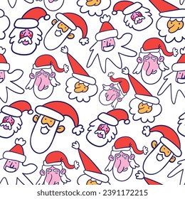 seamless color pattern with santa heads in doodle style. head of an old man in santa hats. template for print, background, wallpaper, fabric, packaging, children's book, decoration.