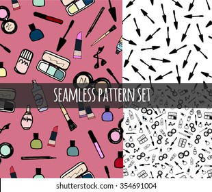 Seamless color pattern set with make up artist objects lipstick, nail, perfumes, eye shadows, brushes, mascara, powder, eyeliner. Hand drawn vector beauty background. Cosmetics products icons 