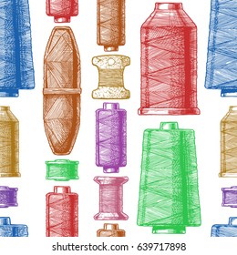 Seamless color pattern with sewing thread bobbins. Vector illustration in vintage engraved style on white background.  