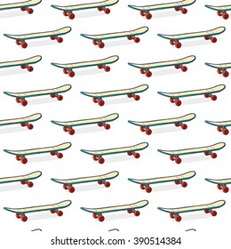 Seamless color pattern with skateboards. Pattern with skateboards for prints, fabric, stickers. Wallpaper with a pattern of skateboards in a linear style. Skateboard pattern for hipster design. Vector